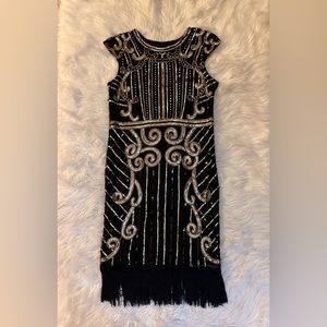 Flapper dress black with silver and gold sequin and fringed hem size: XL